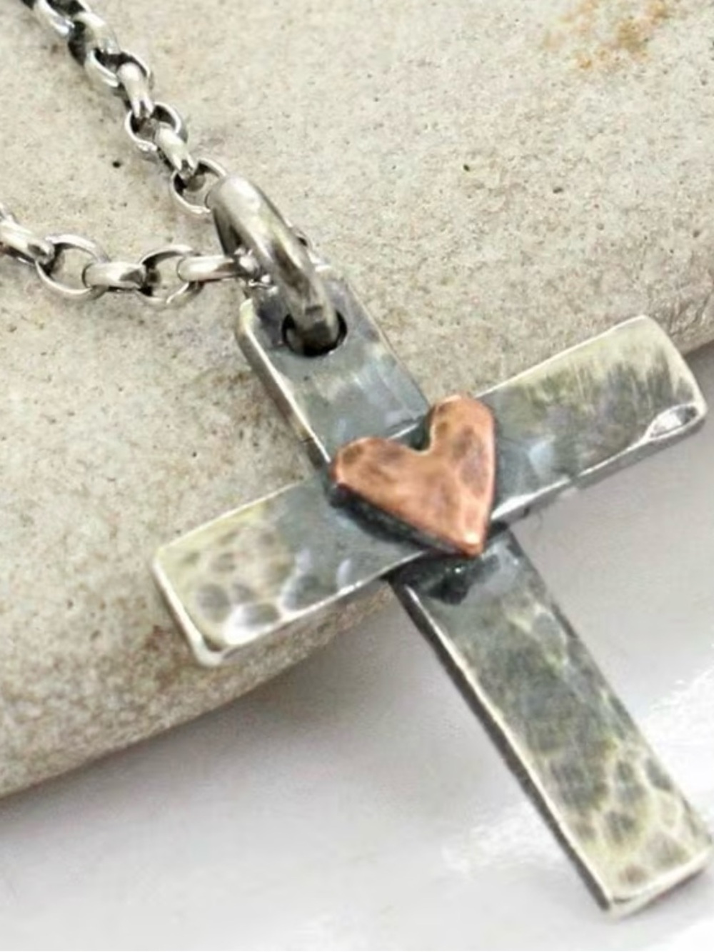 Two-Tone Heart Cross Pendant Thin Necklace - Silver & Copper